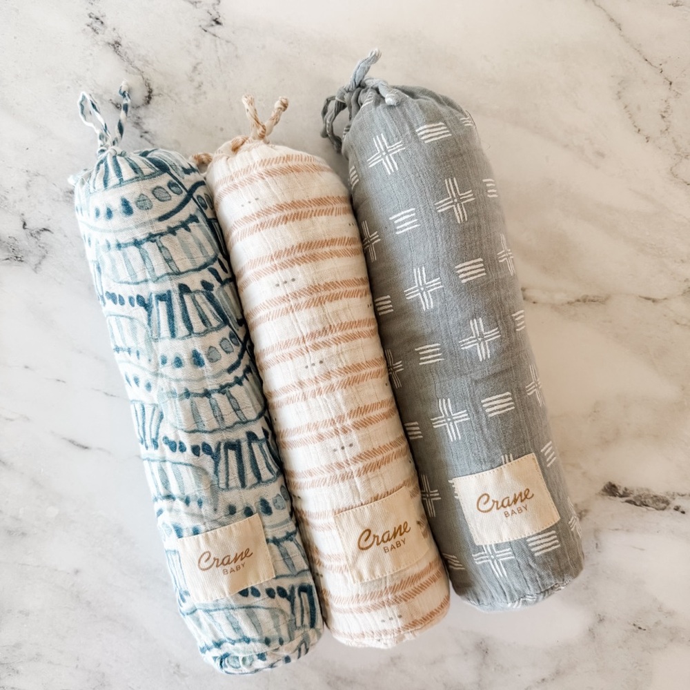 Crane Baby Muslin Cotton Boho Gender Neutral/Baby Boy Swaddle Bundle